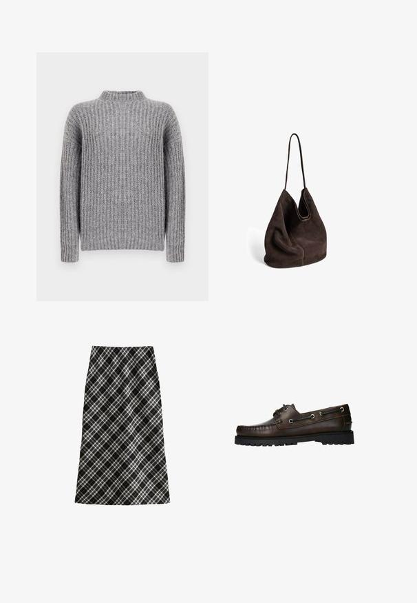 Grijze gebreide trui met hoge hals, voorzien van verticale ribstructuur en lange mouwen, zachte afwerking en een iets wijde pasvorm.; Zwart-witte geruite rok, half lang, A-lijn silhouet, gestructureerde stof, met kruislijnen en geometrische patronen door het geheel.; Bruine leren bootschoen met moccasinstiksel, metalen oogjes en een gestructureerde zwarte rubberen zool.; Bruine suède tas met een zachte, slungelige vorm en een enkele dunne band. Heeft een ronde opening en een gladde textuur, met een algeheel minimalistisch ontwerp.