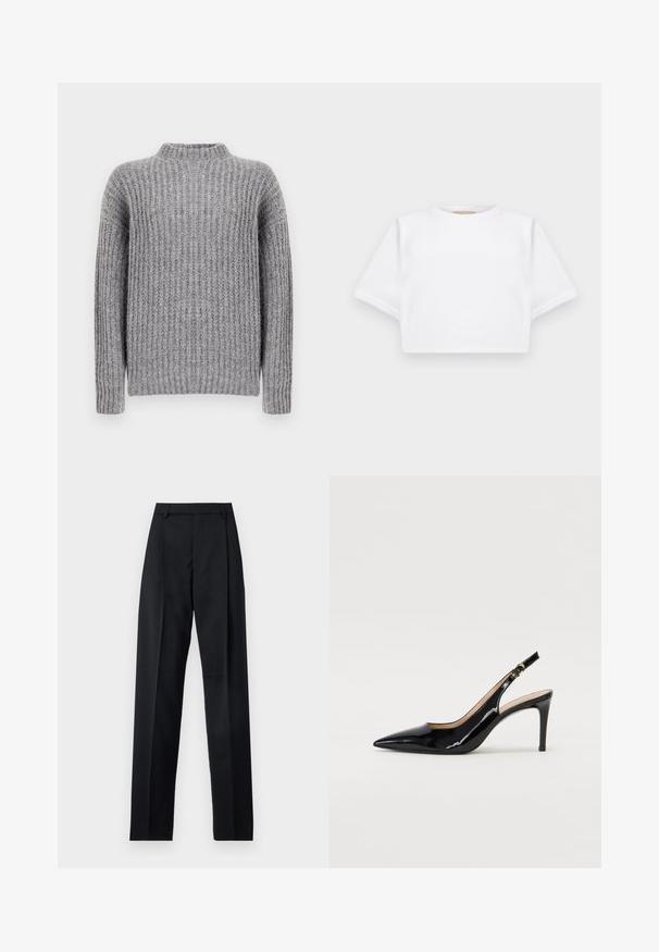 Hallide naastikuga hall kudum, millel on vertikaalne sooniktekstuur ja pikad varrukad, pehme viimistlus ning veidi laiem siluett.; Lühikeste varrukatega, pehmest kangast lõigatud valge T-särk, millel on ümar kaelus ja soonikuga ääred. Lihtne ja ilma kaunistusteta disain.; Mustad püksid siledast kangast, millel on kõrge vöökoht, laiad jalad, esimesed kortsud ja klassikalised vööloopid. Küljepockets pole nähtavad.; Must hõbedavärvi patendiga slingback kontsakingad terava varbaga, kitsas konts ja peene lõikega disain. Statistika on kuldne pandla rihmal.