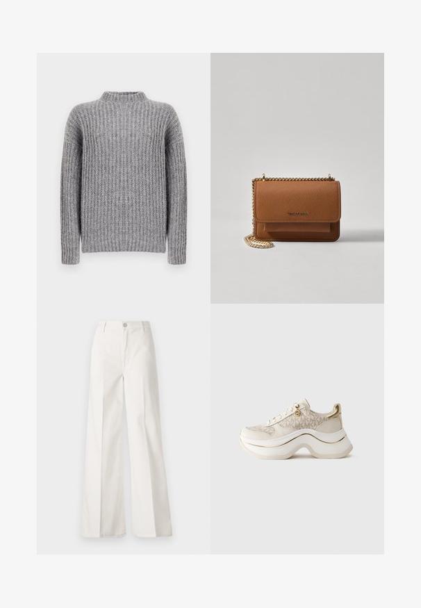 Pull en laine grise avec un col montant, présentant une texture côtelée verticale et des manches longues, finition douce et une forme de corps légèrement plus large.; Pantalons blancs à jambes larges en coton avec une texture douce. Comprend un bouton à l'avant, une fermeture éclair et un design à quatre poches.; Baskets compensées beige et dorées avec un motif "MK", à lacets à l'avant, un charm doré et une semelle épaisse et ondulée sur fond uni.; Sac en cuir texturé marron en bandoulière avec une sangle en chaîne dorée et une fermeture à rabat. L'avant présente un détail de logo et une poche sous le rabat.