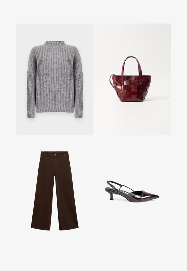 Grijze gebreide trui met hoge hals, voorzien van verticale ribstructuur en lange mouwen, zachte afwerking en een iets wijde pasvorm.; Bruine wijde broek in katoenmix, met een rafelige zoom, sluiting met een knoop aan de voorkant en een klassieke vijf-pocketstijl. Minimalistisch en veelzijdig.; Bruine gepatineerde leren slingback pump met een spitse neus, kleine blokhak, kruisbandontwerp en decoratieve strikdetail aan de voorkant.; Geweven bordeaux leren tote bag met twee korte handvatten en een afneembare schouderriem. Heeft een gestructureerde vorm en een gladde textuur.