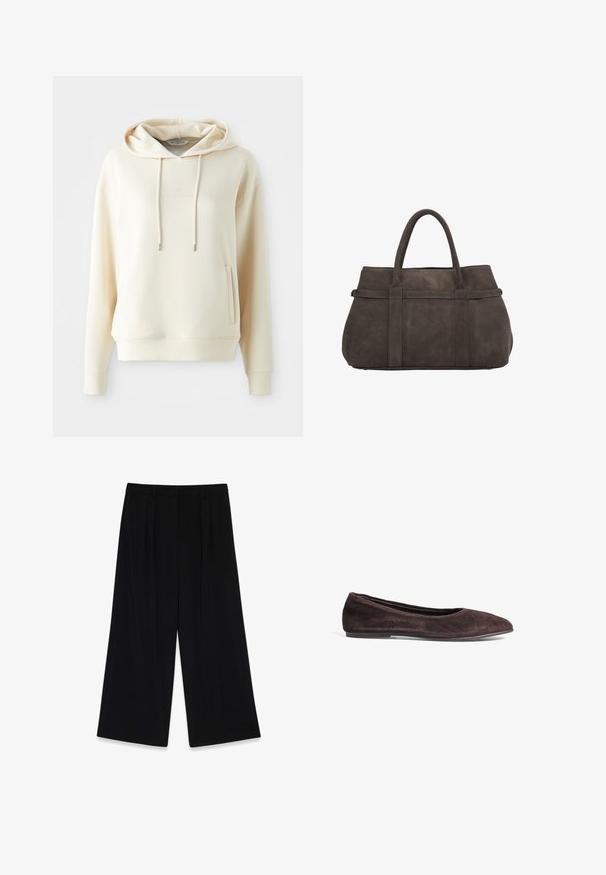 Crème-kleurige hoodie met een voorste kangoeroezak en trekkoorden, met subtiele tonale logo-tekst die gecentreerd op de borst is.; Set van drie lange mouw t-shirts in effen wit. Gemaakt van zachte, lichte stof met een ronde hals en eenvoudig, ongecompliceerd ontwerp.; Zwarte wijde broek van gladde stof, met plooien aan de voorkant, een middelhoge taille en geen zichtbare sluitingen of versieringen.; Bruine suède balletschoenen met een spitsneus en een laag profiel. Kenmerkt zich door een gladde textuur en een minimalistisch ontwerp. Geen zichtbare hardware of accenten.; Donkergrijze suède handtas met twee ronde handvatten, gestructureerde vorm en minimalistisch ontwerp; geen zichtbare hardware of accenten.