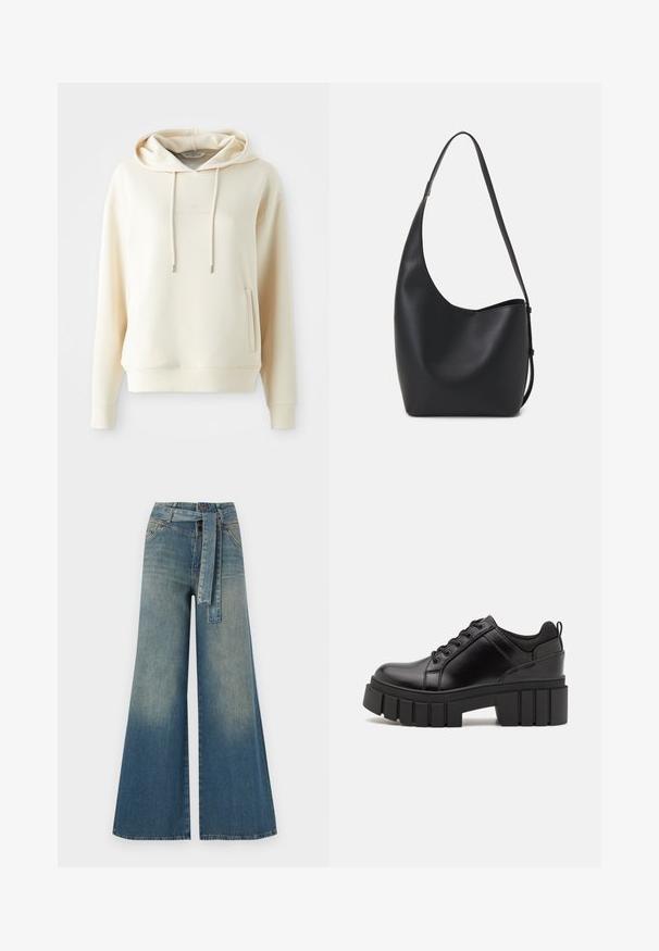 Cream-colored hoodie with front kangaroo pocket and drawstrings, featuring subtle tonal logo text centered on chest.; Wide-leg denim trousers featuring a light to dark blue gradient, high waist, belt loops, and a matching fabric belt. Textured denim finish.; Black leather platform shoes with a chunky block heel, round toe, and traditional lace-up design. Features smooth texture and minimal detailing.; Black leather hobo bag with a smooth texture, curved shape, and single adjustable strap; features a wide opening at the top.