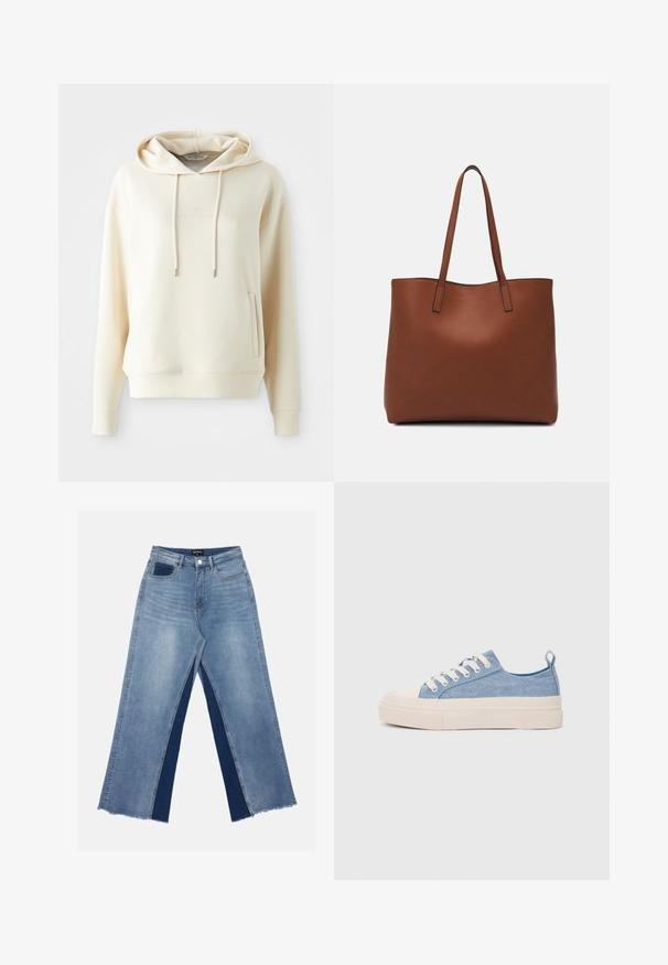 Krém színű kapucnis pulóver elülső kenguruzsebbel és zsinórokkal, amelyen egy finom, tónusban passzoló logó szöveg található a mellkason.; Világoskék, bőszárú farmernadrág, kontrasztos sötétkék panelekkel, szálkás szegélyekkel, valamint normál derekú, fém gombos záródással.; Világoskék vászon sportcipők, krémszínű gumitippel és talppal, fehér fűzőkkel és egy húzófüllel a sarkán.; Barna bőr vászontáska sima textúrával, nyitott tetejű dizájnnal és két vállpánttal. Minimális varrással és látható hardver nélkül készült.