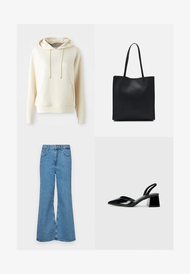 Sudadera color crema con bolsillo canguro frontal y cordones, que presenta un sutil texto de logo en tono tonal centrado en el pecho.; Jeans acampanados de color azul claro hechos de denim, con una cintura alta, cinco bolsillos y un cierre de botón. Textura suave con acabado desgastado.; Zapatos de tacón slingback de charol negro con punta afilada y tacón geométrico en bloque. Presentan un diseño elegante y minimalista, así como una textura suave.; Bolso tote de cuero negro con textura lisa, forma rectangular y dos asas largas. Sin herrajes ni adornos visibles.