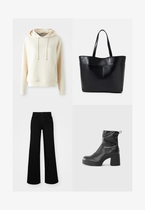 Kreminės spalvos džemperis su priekinėmis kengūros kišenėmis ir raišteliais, su subtiliu toniniu logotipo tekstu, centruotu ant krūtinės.; Juodos plačios kelnės iš denimo, turinčios struktūruotą juosmenį, diržo kilpas ir priekines kišenes. Lygus paviršius su klasikinio dizaino elementais.; Juodos kulkšninių botai, pagaminti iš lygaus odos, su šoniniu užtrauktuku, masyviu tekstūruotu kulnu ir apvaliu pirštu.; Juoda odinė rankinė su dviem ilgais diržais, lygiu paviršiumi ir struktūrizuota forma. Yra priekinė kišenė papildomam saugojimui.