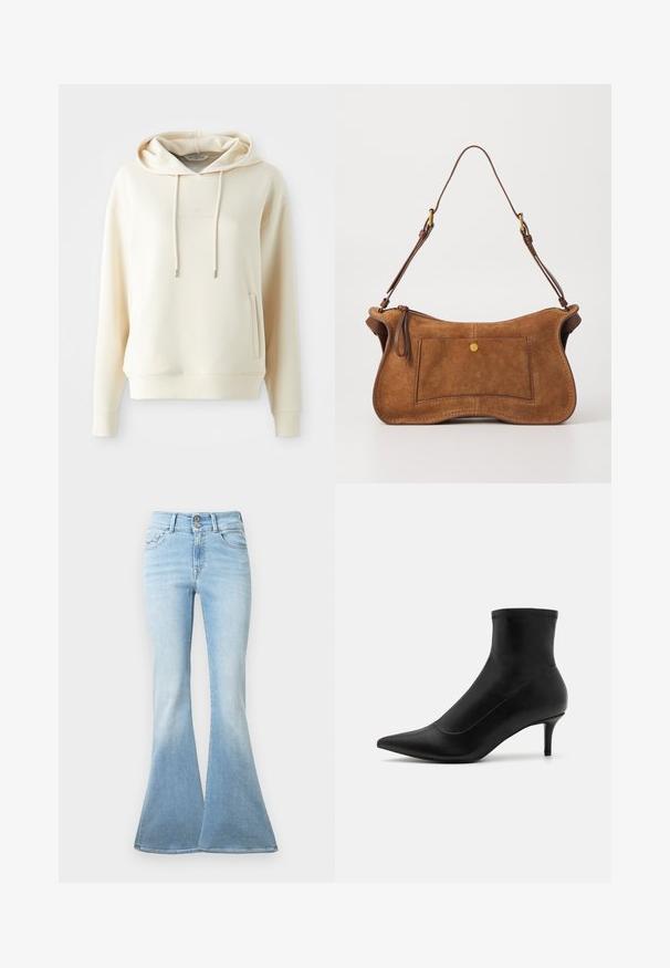 Kremowa bluza z kapturem z przednią kieszenią kangurką i sznureczkami, z subtelnym, tonalnym napisem logo umieszczonym na środku klatki piersiowej.; Jasnoniebieskie dżinsy w stylu dzwonów wykonane z denimu. Charakteryzują się wysokim stanem z dwoma guzikami oraz lekkim wyblaknięciem w kierunku dołu nogawki. Klasyczny pięciokomorowy design.; Czarne botki za kostkę wykonane z gładkiej skóry, z klapką w kształcie spiczastym i krótkim, cienkim obcasem. Posiadają bezszwowy design i subtelne akcenty w postaci przeszyć.; Dolce Vita JOSIE brązowy; Złote kolczyki o gładkim, zaokrąglonym kształcie, z błyszczącą powierzchnią i zapięciu na sztyft, zapewniającym bezpieczne noszenie.