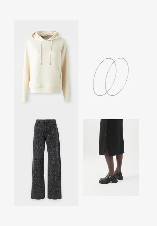 Felpa di colore crema con tasca a marsupio frontale e lacci, presenta un logo testuale tonale in centro sul petto.; Noisy May NMJANNEL LOOSE - Jeans baggy - black denim; Scarpe in pelle nera con punta arrotondata, tacco spesso a blocco e accenti laterali in elastico, abbinate a collant scuri e una gonna nera con uno spacco.; Orecchini a cerchio in argento con un design minimalista. Forma circolare, superficie liscia e profilo sottile. Leggeri con una finitura lucida.