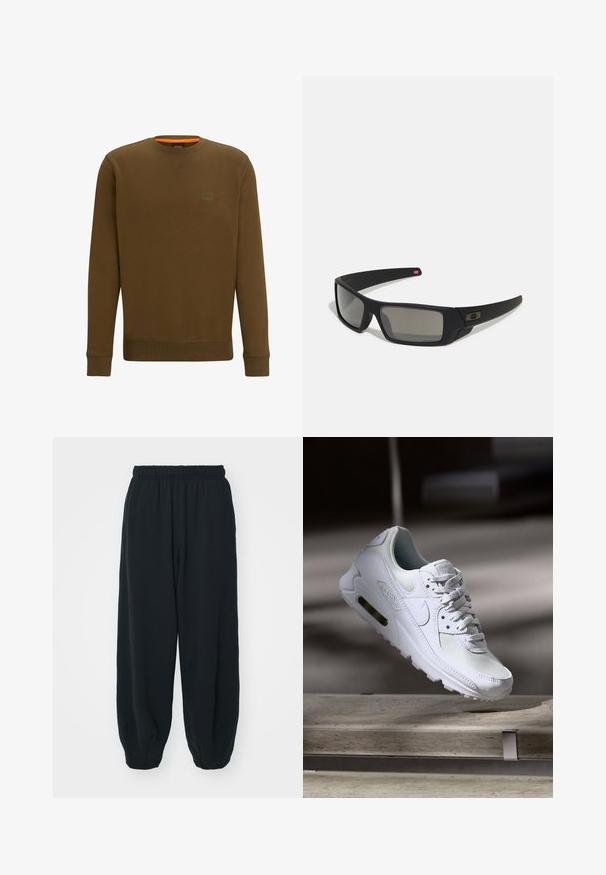 Smeđa dukserica s okruglim izrezom, rebrastim manžetama i rubom. Logotip na lijevoj strani prsnog dijela s narančastim detaljem na unutrašnjem izrezu. Mekani materijal.; Crne, dukserice s elastičnim strukom, širokog kroja, s manžetama na gležnjevima, glatke teksture i bez vidljivih uzoraka ili metalnih detalja.; Bijela Nike Air Max 90 tenisica s gornjim dijelom od mrežice i kože, perforiranim prstima i vidljivom zračnom jedinicom u peti.; Crne sunčane naočale s mat površinom, pravokutnim staklima, blagim zakrivljenjima na sljepoočnicama, suptilnim logotipom i dimnim staklima.