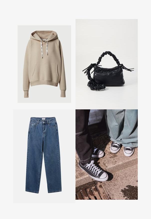 Béžová mikina s kapucňou, predná vrecko typu kangaroo, rebrované manžety a lem, nastaviteľné biele šnúrky potlačené názvom značky.; Klasické modré džínsy z denimu so strihom rovného strihu, piatimi vreckami a zapínaním na gombík. Majú stredné praním a pevnú textúru.; Čierne plátenné tenisky s nízkym strihom, bielymi gumovými špičkami a šnúrkami, v kombinácii so širokými zelenými denimovými nohavicami, na textúrovanej kamennej ploche.; Čierna umelá kožená kabelka s kroko vzorom, sťahovaným vrchom a zhnutým popruhom. Vyzerá mäkko a kompaktné v dizajne.