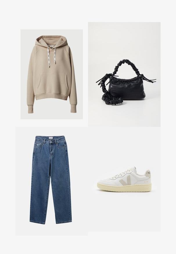 Bežs puloveris ar kapuci, ar priekšējo kangaru kabatu, ribotām aprocēm un apakšu, regulējamām baltām šņorēm, uz kurām ir uzdrukāts zīmola nosaukums.; Klasiskie zili džinsi ar taisnu kāju dizainu, pieciem kabatām un pogu aizdari. Iezīmējas ar vidēju mazgāšanu un izturīgu tekstūru.; Baltas ādas sporta apavu pāris ar bēšiem zamša akcentiem, caurumiņu purngalā, plakanu šņorēšanu un teksturētu krēmkrāsas zoli. Iezīmējas ar diskrētu zīmolu uz papēža.; Melnā mākslīgās ādas rokassoma ar krokodila rakstu, savilkta augšdaļa un saburzīta siksna. Izskatās mīksta un kompakta pēc dizaina.