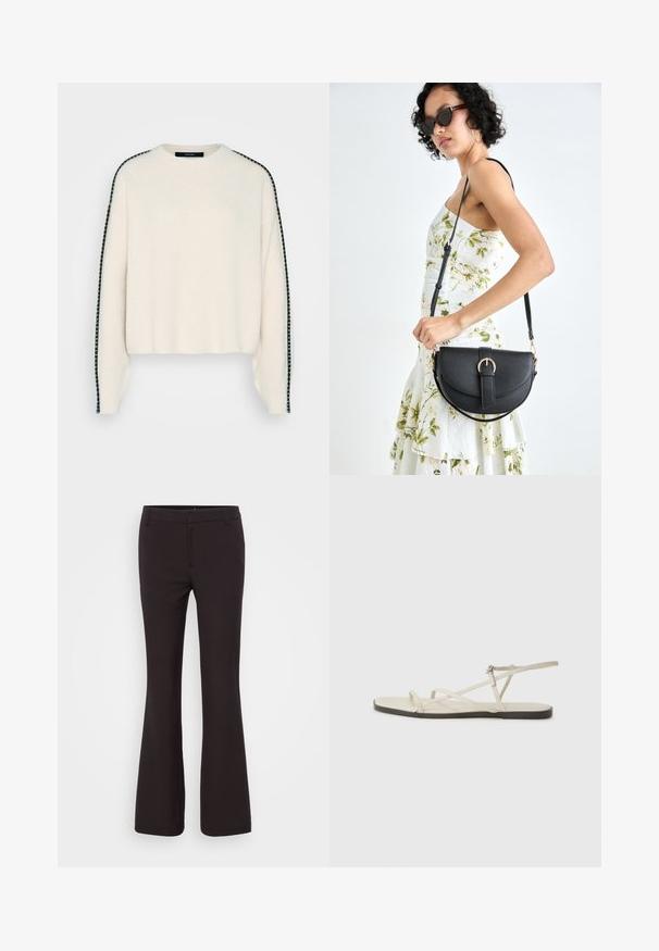 Kreminės spalvos megztinis su laisvu siluetu, su juodomis juostelėmis apykaklėje ir griovelio megztu tekstūru.; Gina Tricot Tall RELAXED TROUSERS - Kelnės - brown; Bežiniai plokšti sandalai su keliais lieknais dirželiais ir reguliuojamu užsegimu. Padas plokščias, su lengvu tamsiu kontrastu krašte.; Juodas odinis krepšys su išlenkta forma, nuimamu dirželiu ir auksiniais detalėmis. Krepšys turi kilpą su sagtimi.