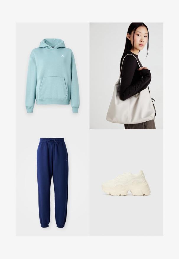 Himmelblauer Hoodie mit Kängurutasche, gerippten Bündchen und Saum sowie einem weißen Jordan-Logo auf der linken Brust. Weicher Stoff.; Dunkelblaue Sweatpants aus weichem Material, mit einem elastischen Bund und Kordelzug, elastischen Bündchen und einem kleinen weißen Logo.; Flockige weiße Sneaker aus strukturiertem Mesh und synthetischen Materialien, mit einer dicken Sohle und komplizierten Mustern entlang der Seiten.; Beige Handtasche aus weichem Material, mit einem lässigen Design, gesteppten Details und zwei Schulterriemen. Geeignet für den täglichen Gebrauch.