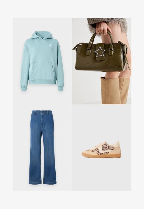 Felpa leggera color teal con tasca a marsupio, polsini e orlo a costine, e logo bianco di Jordan sul petto sinistro. Tessuto morbido.; Jeans in denim blu a gamba larga con vita alta, caratterizzati da una chiusura a bottone, cinque tasche e una texture sbiadita.; Sneakers in stampa leopardata con parte superiore in suede beige, suola in gomma color caramello e dettagli bianchi. Punta rotonda e design con lacci, con una finitura testurizzata.; Borsa a mano in similpelle verde oliva con accentatura a stella argentata, manici doppi e chiusura con zip. Superficie testurizzata e forma strutturata.