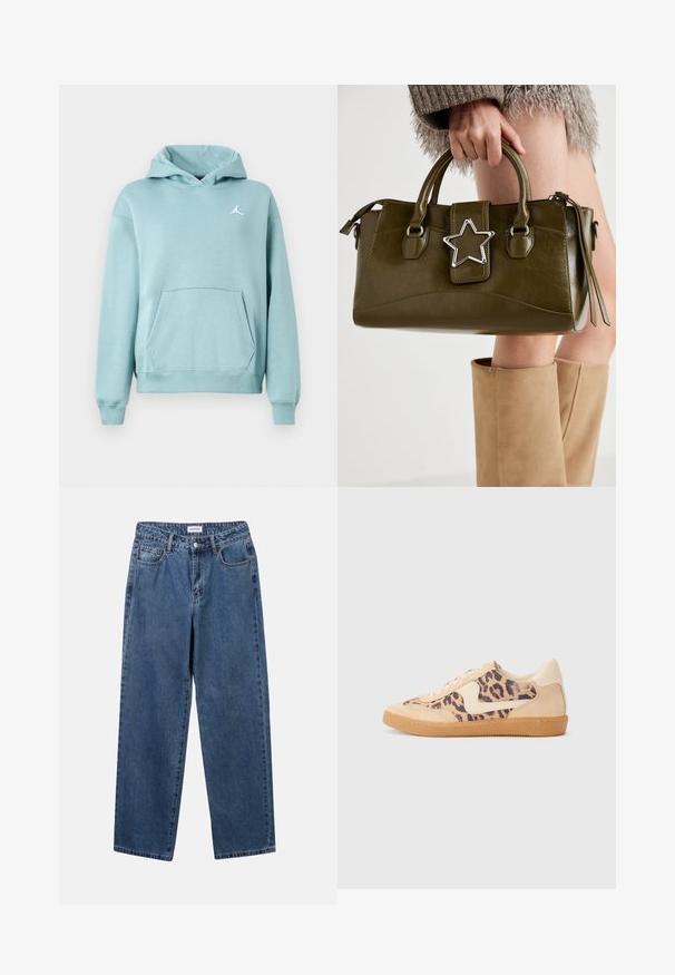 Felpa leggera color teal con tasca a marsupio, polsini e orlo a costine, e logo bianco di Jordan sul petto sinistro. Tessuto morbido.; Jeans in denim blu classico con design a gamba dritta, cinque tasche e chiusura con bottone. Presentano un lavaggio medio e una trama robusta.; Sneakers in stampa leopardata con parte superiore in suede beige, suola in gomma color caramello e dettagli bianchi. Punta rotonda e design con lacci, con una finitura testurizzata.; Borsa a mano in similpelle verde oliva con accentatura a stella argentata, manici doppi e chiusura con zip. Superficie testurizzata e forma strutturata.