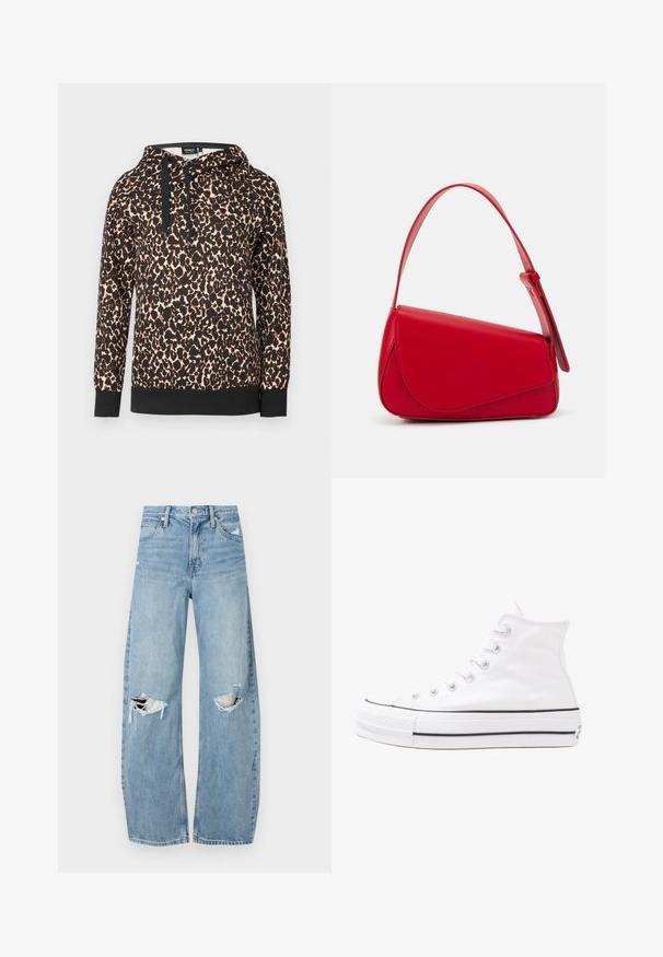 Felpa con cappuccio in stampa leopardata, realizzata in tessuto morbido, con orlo e cordini neri in contrasto. Vestibilità ampia con maniche lunghe.; Jeans azzurri chiari a vita alta realizzati in denim. Presentano gambe larghe, due aree strappate sulle ginocchia e il classico styling a cinque tasche.; Sneaker alta in tela bianca con suola in gomma nera, punta in gomma frontale e sei asole per i lacci, caratterizzata da un design pulito e minimalista.; Borsa a tracolla in pelle rossa con un design angolare e geometrico. Presenta una singola tracolla regolabile e una chiusura a patta con dettagli cuciti.