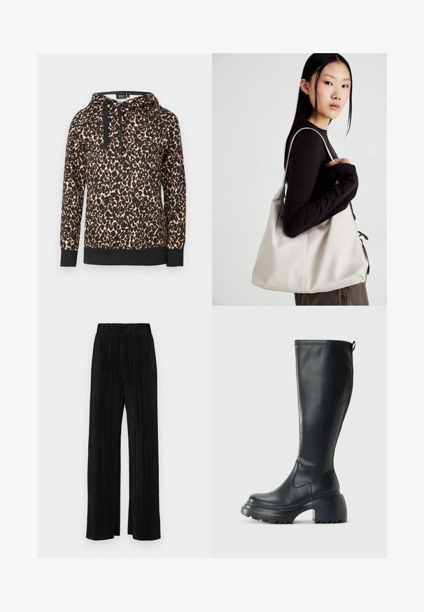Svetrovka s kapuco v leopardjem vzorcu iz mehkega blaga, z črnim kontrastnim robom in vrvicami. Ohlapen kroj z dolgimi rokavi.; Črne plisirane hlače z elastičnim pasom. Imajo široke noge in gladko, teksturirano tkanino z navpičnimi črtami.; Visoka črna usnjena škornja s debelim podplatnim solejem in blok peto, opremljena s potegom in strukturiranim profilom na podplatu.; Bežna torbica iz mehkega materiala, z ohlapno zasnovo, šivi in dvema naramnicama. Primerna za vsakodnevno uporabo.