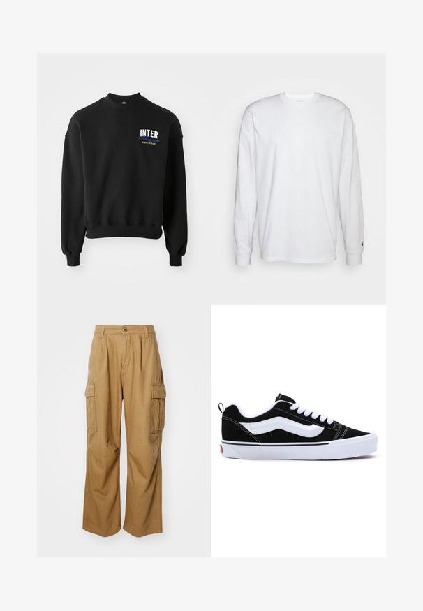 Čierna mikina s okrúhlym výstrihom, dlhými rukávmi a rebrovanými manžetami. Na prednej strane sú nápisy "INTER" v bielej a modrej farbe, s ďalšími žltými detailmi.; Biela dlhá bavlnená tričko s dlhým rukávom. Dizajn s okrúhlym výstrihom a rebrovanými manžetami, malá nášivka na ľavom rukáve. Hladká textura.; Svetlohnedé cargo nohavice so striehnutým strihom, ktoré majú dve bočné vrecká a zapínanie na gombík. Vyrobené z mäkkej a odolnej tkaniny.; Čierne semišové tenisky s bielymi akcentmi, s nízkym dizajnom, šnurovaním a hrubou bielou gumovou podrážkou. Logo značky na päte.