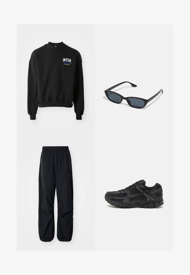 Crna dukserica s okruglim izrezom, dugim rukavima i rebrastim manžetama. Na prednjem dijelu stoji "INTER" u bijelom i plavom tekstu, s dodatnim žutim detaljima.; Crne lagane cargo hlače s elastičnom trakom u struku, bočnim patentnim zatvaračima i prostranim džepovima. Odlikuje ih širok kroj i suženi manžeti.; Crne atletske cipele s gornjištem od mrežice, gumenim potplatom i teksturiranim detaljima. Dizajn uključuje izražen sustav vezivanja i podstavljen potplat.; Crne mačkaste sunčane naočale s tamnim staklima, plastičnim okvirom, uskim stablima i suptilnim oznakama na unutarnjoj strani. Mat tekstura završne obrade.