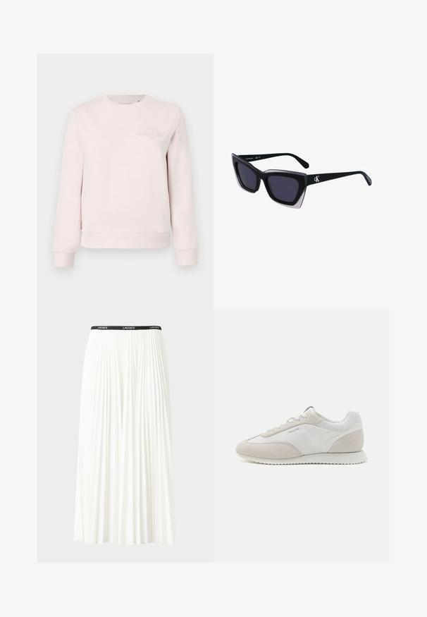 Felpa rosa chiaro in misto cotone, con colletto e polsini a coste, e logo in rilievo sul petto. Design semplice.; Gonna bianca plissettata con elastico nero in vita che presenta il logo "LACOSTE". Design di lunghezza media con texture morbida.; Sneaker chiari caratterizzati da una combinazione di pelle bianca e suede beige, con una suola texturizzata e un branding minimale sul lato.; Occhiali da sole oversize neri dalla forma geometrica, con lenti scure e un dettaglio grigio a contrasto sulla montatura. Logo sul braccio.