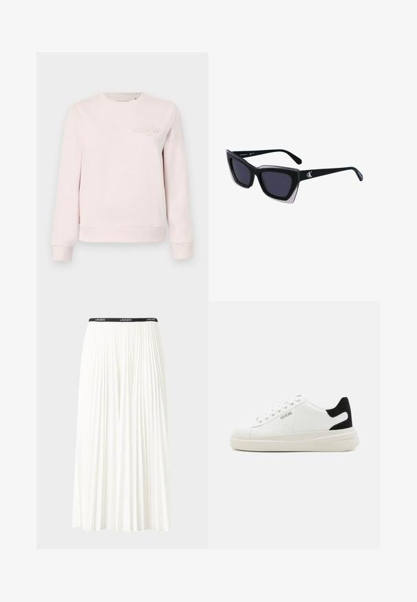 Lys rosa hettegenser laget av bomullsblanding, med ribbete rund hals og mansjetter, samt et preget logo på brystet. Enkelt design.; Plissert hvit skjørt med en svart elastisk midje som har "LACOSTE"-logoen. Midjelengde design med myk tekstur.; Hvite lær sneakers med tykk hvit såle, svart semsket hælforsterkning og preget logo på siden. Snøresystem med seks hull.; Store svarte solbriller i overdimensjonert størrelse med geometrisk form, med mørke linser og en kontrasterende grå detalj på rammen. Logo på armen.