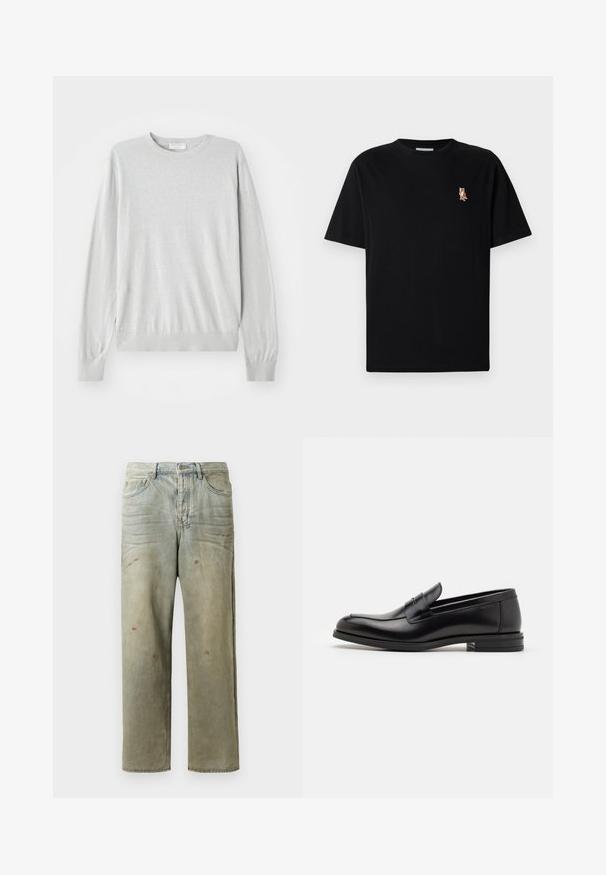 Šviesiai pilkas megztinis su ilgomis rankovėmis, apvaliu iškirpimu ir raizginių apykakle bei apačia. Pagamintas iš švelnios, lygios medžiagos.; Juoda trumpomis rankovėmis apvalaus kaklo marškinėliai su maža išsiuvinėta oranžine lapės logo kairėje krūtinės pusėje.; Šviesiai žaliai nuvarytos džinsinės kelnes, su tiesiomis kojomis, penkių kišenių dizainu, nelygiai blukščiantis ir su dažų lašeliais.; Juodos odinės loafers, turinčios lygų paviršių, apvalią noselę ir dekoratyvinę juostą per priekinę dalį. Žemas krentantis kulnas, minimalistinis dizainas.
