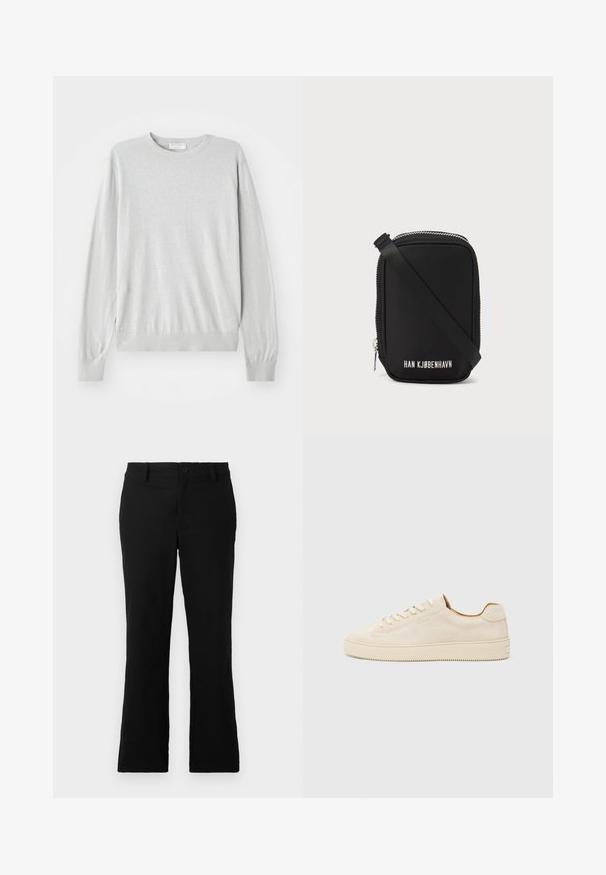 Suéter de malha cinza claro com mangas compridas, decote redondo e punhos e bainha canelados. Feito de um material macio e suave.; Calças flare pretas feitas de um tecido de algodão misto, com fecho de botão, passantes para cinto e uma textura suave sem padrões visíveis.; Sapatilhas de camurça bege com um design de cano baixo, bico redondo, atacadores planos e uma sola de borracha texturizada. Estilo minimalista sem logótipos visíveis.; Saco preto com forma retangular, feito de material liso. Apresenta um fecho de correr em cima, uma alça ajustável e texto branco: "HAN KJØBENHAVN."