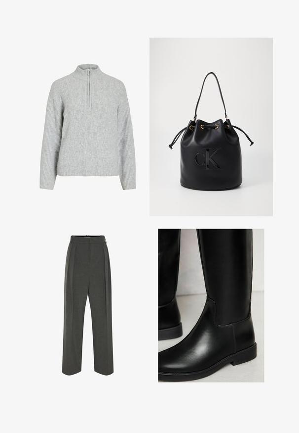 Szürke, cipzáros nyakú pulóver kötött anyagból, texturált zsinórmintával, bordázott ujjakkal és magas gallérral.; Szürke, széles szárú nadrág texturált anyagból, magas derékkal és elöl hajtásokkal. A kialakítás sima derékpántot tartalmaz, és nincsenek látható rögzítők.; Fekete bőr térd fölé érő csizmák sima felszínnel, kerek orral, minimális varrással és alacsony blokk sarkal. Letisztult, testhezálló kialakítással rendelkezik.; Fekete bőr vödör táska húzózsinórral, elől fényes "CK" logóval és arannyal bevont fémrészletekkel.