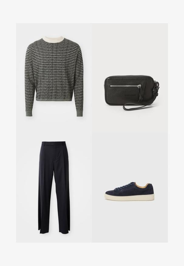 Sweater cropped em preto e branco com um padrão de logótipo repetido, gola e punhos canelados, com uma textura de malha suave.; Calças pretas de cintura alta, com corte amplo, feitas de um tecido suave. Apresentam pregas frontais e passadores para cinto. Design minimalista, sem hardware visível.; Sapatilha de camurça azul-marinho de cano baixo com biqueira arredondada, sola de borracha off-white e atacadores a condizer; apresenta um forro interior contrastante em tom de tan.; Clutch preta em pele com superfície texturizada, bolso frontal com fecho e strap de pulso destacável. Apresenta um logotipo na parte frontal. Forma retangular.