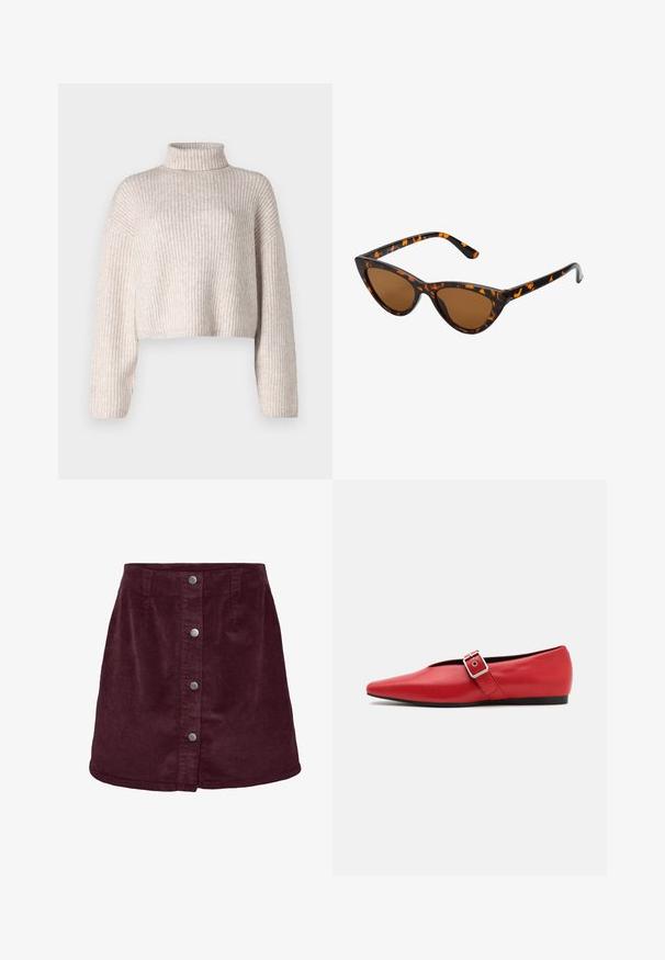 Kremfarget ribbestrikket genser med høyt krage, cropped design og lange ermer. Myk tekstur, lett stoff og minimal detaljering.; Burgunderfarget kordfløyel mini-skjørt med a-formet snitt, med fem sølvknapper foran og subtil ribbet tekstur.; Røde lærflatsko med spiss tå, med en sidespenne med metallspenne og en lav svart hæl. Glatt tekstur gjennom hele skoen.; Kattøye solbriller med en svart og oransje skjellramme, brune linser og elegante, spisse tupper. Har en minimalistisk logo på stangen.