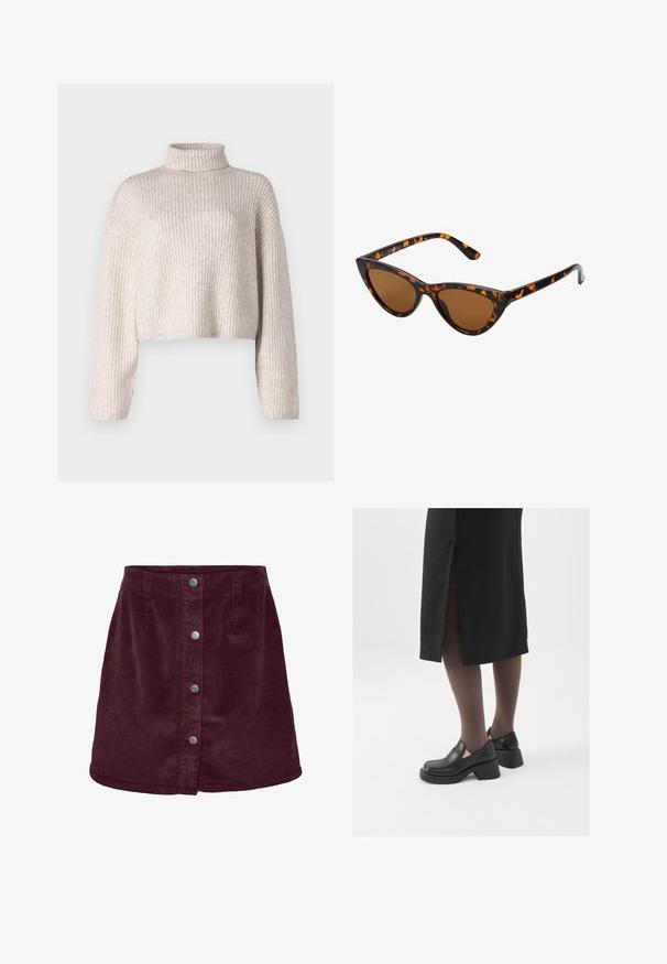 Pulover crem din tricot cu detalii ribbate, guler înalt, design scurt și mâneci lungi. Textură moale, material ușor și detalii minime.; Fustă mini din corduroy bordeaux cu formă în a-line, având cinci nasturi argintii pe față și o textură ușor ribbed.; Pantofi din piele neagră cu vârful rotund, toc bloc gros și accente elastice pe lateral, asortați cu colanți închiși la culoare și o fustă neagră cu o fanta.; Ochelari de soare în stil cat-eye, cu o ramă din material cu tortoiseshell negru și portocalie, lentile maro și vârfuri elegante, ascuțite. Prezintă un logo minimal pe brățara ochelarilor.