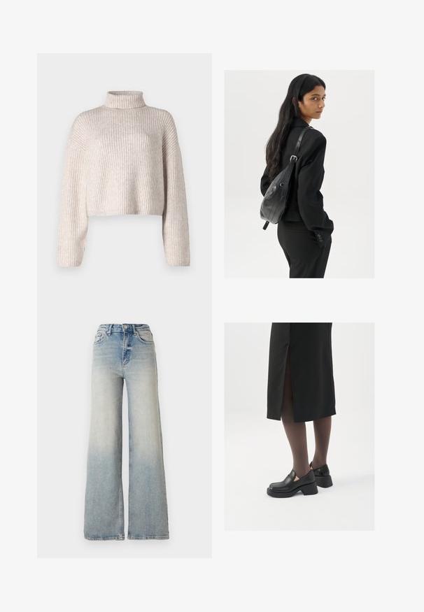 Maglione a costine color crema con design cropped e colletto alto, maniche lunghe. Texture morbida, tessuto leggero e dettagli minimi.; Jeans ampi di colore blu chiaro in denim, con vita alta, cinque tasche e cuciture visibili lungo le cuciture.; Scarpe in pelle nera con punta arrotondata, tacco spesso a blocco e accenti laterali in elastico, abbinate a collant scuri e una gonna nera con uno spacco.; Donna con lunghi capelli scuri, vestita con un completo nero, che porta una borsa a tracolla in pelle nera, mentre guarda oltre la spalla su uno sfondo bianco.; Orecchini a cerchio in argento con un design minimalista. Forma circolare, superficie liscia e profilo sottile. Leggeri con una finitura lucida.