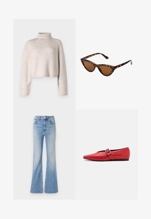 Crème gebreide trui met een hoge kraag, cropped ontwerp en lange mouwen. Zachte textuur, lichtgewicht stof en minimale details.; Lichtblauwe flared jeans van denim, met een hoge taille, vijf zakken en een subtiele gradient vervaging naar de zoom toe.; Rode leren platte schoen met een spitse neus, voorzien van een zijkant band met een metalen gesp en een lage zwarte hak. Gladde textuur overal.; Cat-eye zonnebril met een zwart en oranje schildpadframe, bruine lenzen en slanke, puntige uiteinden. Bevat een minimalistisch logo op de poot.