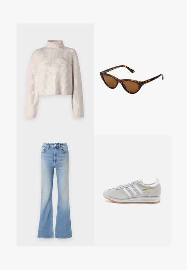 Kreda rebrasta pletena majica z visokim ovratnikom, krojena na kratko, z dolgimi rokavi. Mehka tekstura, lahka tkanina in minimalno okrasje.; Svetlo modri široki kavbojki iz denima, z visokim pasom, petimi žepi in subtilnim postopnim zbledanjem proti robu.; Svetlo sivi tenisice od antilopa i mrežaste tkanine, s tri bijele pruge, okruglim vrhom i gumenim potplatom. Zlatni logo akcent blizu vezica.; Mačje oči sončna očala z okvirom v črno-oranžni želvej ohišji, rjavimi lečami in elegantnimi, ostrimi konicami. Imajo minimalistični logo na ročaju.
