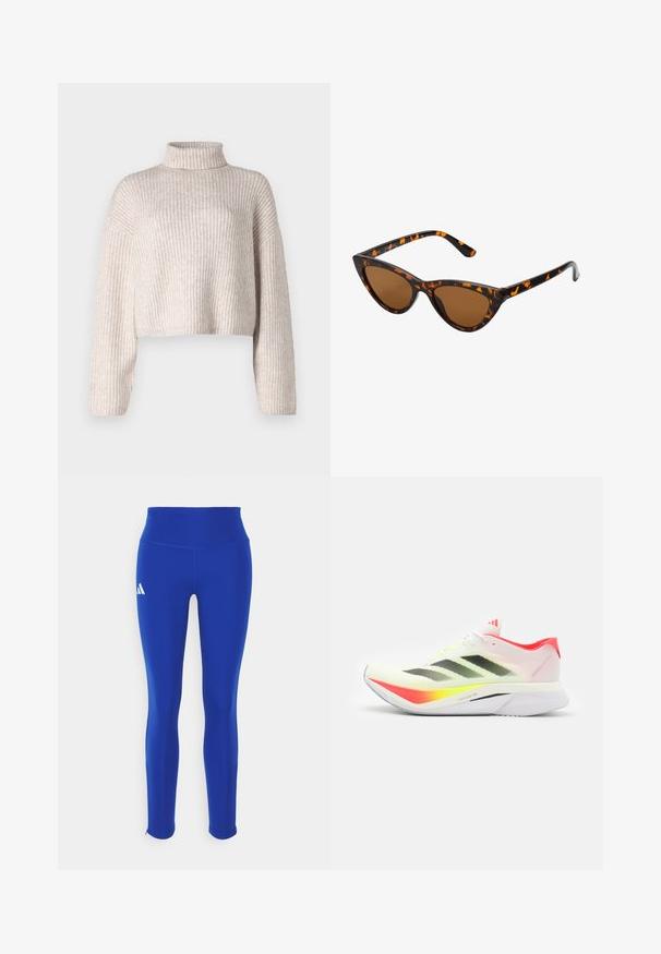 Cremefarbener, gerippter Strickpullover mit hohem Kragen, verkürztem Design und langen Ärmeln. Weicher Stoff, leichtes Material und minimale Details.; Blaue Sportleggings mit hohem Bund, aus dehnbarem Material, mit einem weißen Logo auf der linken Hüfte und unauffälligen Säumen.; Laufschuh mit einem leichten weißen Mesh-Obermaterial, schwarzen Streifen, neon-gelben Akzenten, einer pinken Ferse und einer gebogenen weißen Außensohle.; Katzenaugen-Sonnenbrille mit einem schwarz-orangenen Schildpattrahmen, braunen Gläsern und schlanken, spitzen Enden. Verfügt über ein minimalistisches Logo am Bügel.