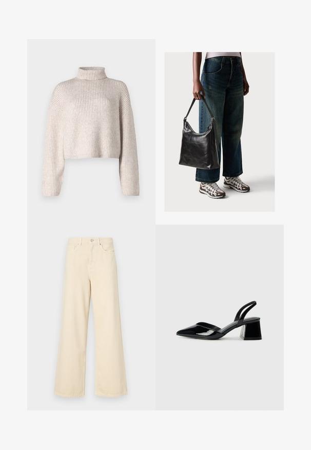 Kremasti rebrasti pleteni pulover s visokim ovratnikom, skraćenim dizajnom i dugim rukavima. Meko teksturovan, lagan materijal i minimalni detalji.; Bež traperice širokih nogavica napravljene od pamuka. Imaju zatvaranje na dugme, petlje za remen i prednje džepove s glatkom, mekanom teksturom.; Crne lakirane kožne sandale s otvorenom petom i špicastim vrhom, s geometrijskom blok petom. Imaju elegantan, minimalistički dizajn i glatku teksturu.; Crna kožna torba za rame s glatkom teksturom i podešivim remenom, u kombinaciji s izblijedjelim širokim trapericama i sportskim tenisicama.