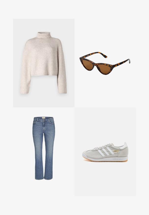Cremefarbener, gerippter Strickpullover mit hohem Kragen, verkürztem Design und langen Ärmeln. Weicher Stoff, leichtes Material und minimale Details.; Mitteldicke, gerade geschnittene Jeans in Blau mit vorderem Knopf- und Reißverschluss, Gürtelschlaufen sowie Vorder- und Hintertaschen.; Hellgraue Sneaker aus Wildleder und Mesh, mit drei weißen Streifen, runder Zehenpartie und einer Sohle aus Gummi. Goldenes Logo-Detail nahe der Schnürsenkel.; Katzenaugen-Sonnenbrille mit einem schwarz-orangenen Schildpattrahmen, braunen Gläsern und schlanken, spitzen Enden. Verfügt über ein minimalistisches Logo am Bügel.