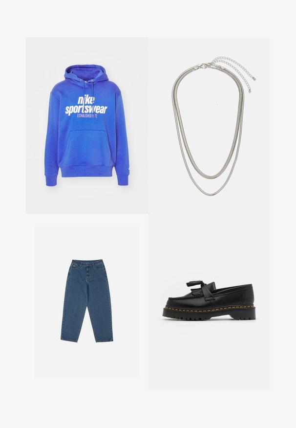 Βασιλικό μπλε φούτερ με τσέπη καγκουρό, κουκούλα με κορδόνι και άσπρο λογότυπο "nike sportswear ESTABLISHED 1972" μπροστά. Κατασκευασμένο από βαμβάκι.; Μπλε τζιν παντελόνια με χαλαρή γραμμή, ψηλή μέση, πενταθ-pocket σχέδιο και ραφές λεπτομέρειες. Διαθέτει κούμπωμα με κουμπί και φερμουάρ.; Μαύρο δερμάτινο loafer με τασέλ καφέ, με χοντρή μαύρη σόλα και κίτρινη ραφή στην άκρη. Υφή με υλικό texture.; Αλυσίδα τριών επιπέδων από ασημένιο μέταλλο, με κομψές, ευέλικτες αλυσίδες που έχουν ελαφριά γυαλάδα, ασφαλισμένη με κούμπωμα με καβίλι και ρυθμιζόμενη αλυσίδα.