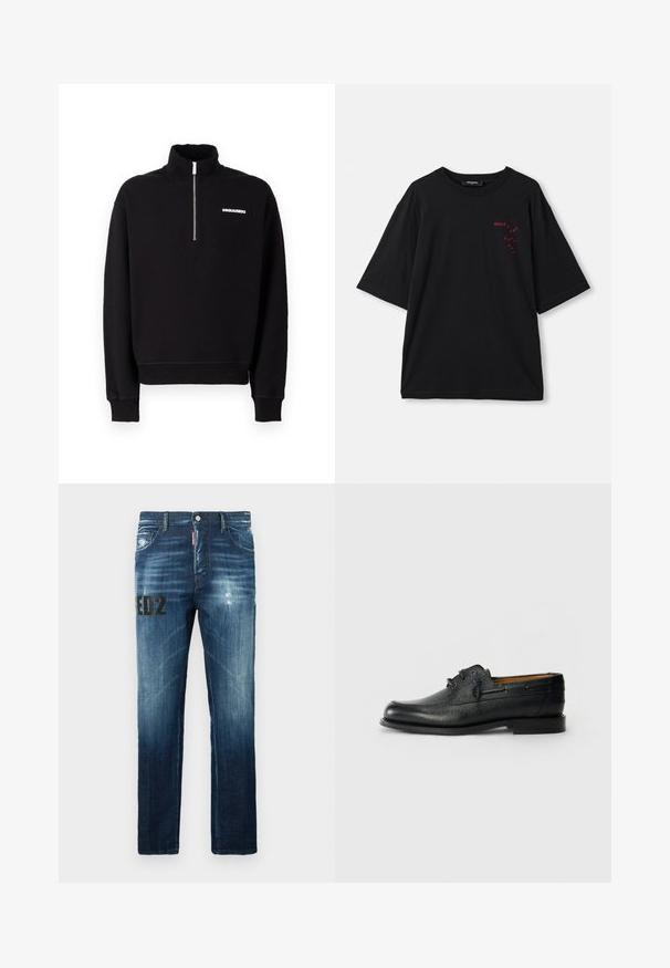 Black zip-up sweatshirt made of cotton blend fabric, featuring a high collar, long sleeves, and a front logo detail.; Black short-sleeve t-shirt made of cotton. Features a red graphic print on the left chest, with “DSQUARED2” and “COOL GUY” text.; Dark blue denim jeans with a straight-leg fit, featuring a distressed texture, subtle fading, and a black graphic print on the left leg.; Black leather shoe with textured surface, round toe, and two eyelet lace-up design. Features a flat sole and minimalistic branding on side.