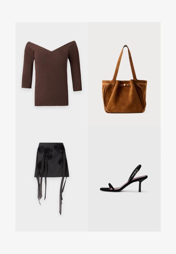 Brūns ribots topiņš bez pleca ar V-veida kakla izgriezumu, ar trīs ceturtdaļu piedurknēm un pieguļošu siluetu. Gluda tekstūra visā virsmā.; Melnā svārku ar trīsdimensiju puķu aplikācijām un garām, plūstošām satīna lentēm. Materiāls ir gludas tekstūras un strukturēta dizaina.; Melna zamšaina sieviešu augstpapēžu sandaļi ar šaurām siksnām un zeltītu sprādzi uz baltā fona, sānu skats.; Brūns zamšs tote soma ar divām roktēm, pogu aizdari un brīvu, nedaudz izplūdušu formu.