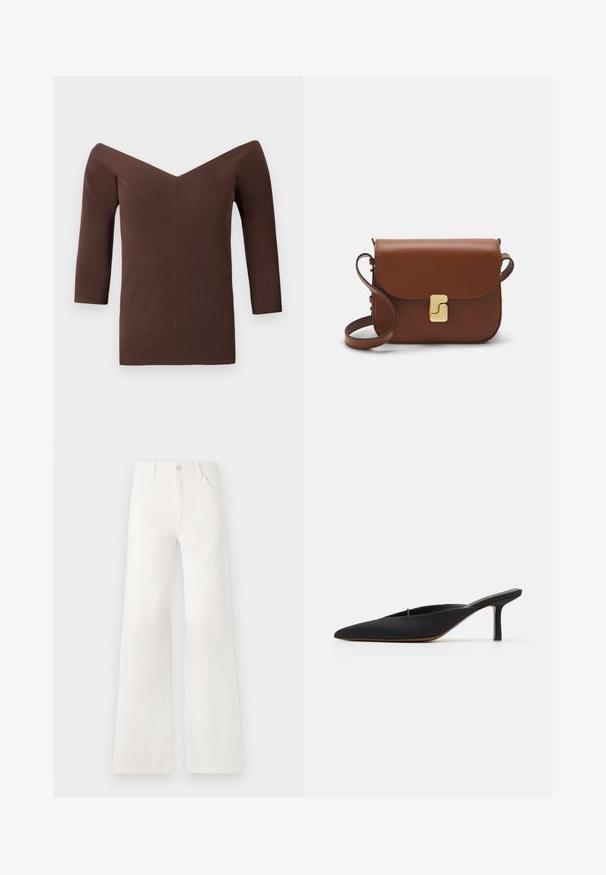 Bruine geribbelde off-shoulder top met een V-hals, voorzien van driekwartmouwen en een getailleerde pasvorm. Zachte textuur overal.; Witte, hoogwaist, wijde jeans van denim. Heeft een knoopsluiting, twee voorkruiszakken en zijnaadstiksel details.; Zwarte muiltje met spitse neus en een strak ontwerp, gemaakt van gladde stof, met een slanke hak en open achterkant voor gemakkelijk aan- en uittrekken.; Bruine leren handtas met een klep sluiting, gouden hardware, een schouderband en een gladde textuur. Compact rechthoekige vorm.