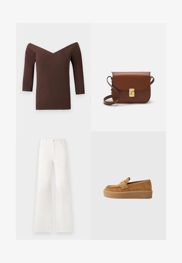 Brown ribbed off-the-shoulder top with a V-neck, featuring three-quarter sleeves and a fitted silhouette. Smooth texture throughout.; White, high-waisted wide-leg jeans made of denim. Features a button closure, two front pockets, and side seams with stitching details.; Brown suede loafer with a round toe, featuring a ribbed platform sole and a decorative strap across the upper.; Brown leather handbag with a flap closure, gold-tone hardware, a shoulder strap, and a smooth texture. Compact rectangular shape.