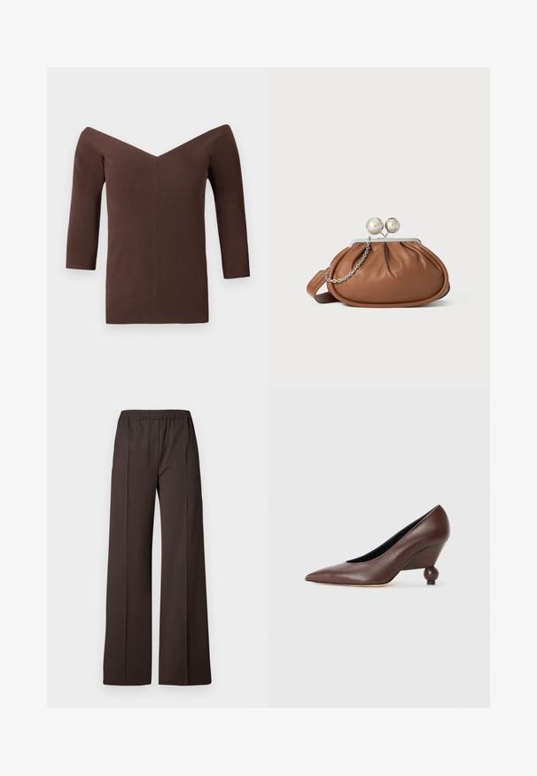 Brun ribbet off-shoulder top med V-hals, med trekvartærmer og en tætsiddende silhuet. Glat struktur hele vejen igennem.; Vide benbukser i mørkebrun stof med elastisk talje, som har en glat tekstur og rene linjer for et skræddersyet look.; Brune læder wedge pumpe med spids tå og en rund, kugleformet hæl. Glat tekstur med et enkelt design og minimalt med detaljer.; Brun læder clutch-pung med sølv kugleklap og en lille sølv kædedetalje på en hvid baggrund.