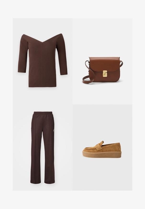Ruda raukšlėta viršutinė su nugarą atidengiančiu kirpimu, V formos iškirpte, trijų ketvirčių rankovėmis ir prigludusia siluetu. Lygus paviršius.; Rudos sportiniai keliai su elastinga juosta, dviem šoninėmis kišenėmis ir maža logo kairėje pusėje, pagaminti iš minkštos medžiagos.; Rudos suedinės loafer tipo bateliai su apvaliu pirštu, turintys raukšlėtą platformos padą ir dekoratyvinę juostą per viršutinę dalį.; Ruda odinė rankinė su uždaromu dangteliu, aukso spalvos detalėmis, petneša ir lygiu paviršiumi. Kompaktiška stačiakampio formos.
