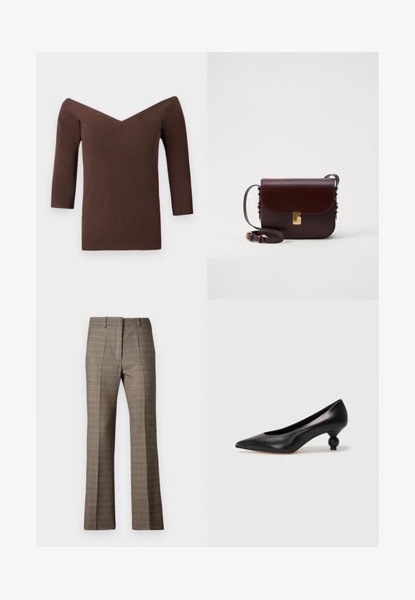 Braun geripptes Off-Shoulder-Top mit V-Ausschnitt, ausgestattet mit Dreiviertelärmeln und einer figurschmeichelnden Silhouette. Glatte Textur überall.; Braune karierte Hose mit geradem Bein, die aus einem strukturierten Stoff gefertigt ist und dezente Farbtöne von Beige und dunkleren Brauntönen im Muster aufweist.; Schwarze Leder-Pumps mit spitzem Zehenbereich und runder, ballförmiger Ferse. Glatte Textur mit einem eleganten, minimalistischen Design.; Braune Lederhandtasche mit einem Klappenverschluss, goldenen Akzenten und einem verstellbaren Gurt. Sie hat eine glatte Textur und eine elegante rechteckige Form.