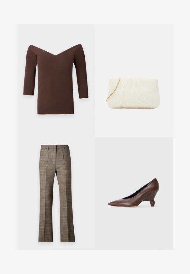 Top marrone a coste, con scollo a V e spalle scoperte, caratterizzato da maniche a tre quarti e una silhouette aderente. Texture liscia in tutto il capo.; Pantaloni a quadri marroni con taglio dritto, caratterizzati da un tessuto testurizzato e da sfumature sottili di beige e marroni scuri in tutto il motivo.; Pantofole a zeppa in pelle marrone con punta affusolata e tacco arrotondato a forma di sfera. Texture liscia con un design semplice e accenti minimi.; Clutch bianco con texture e design arricciato, dotato di una tracolla in catena dorata. Finitura liscia con leggere ondulazioni e bordi arrotondati.