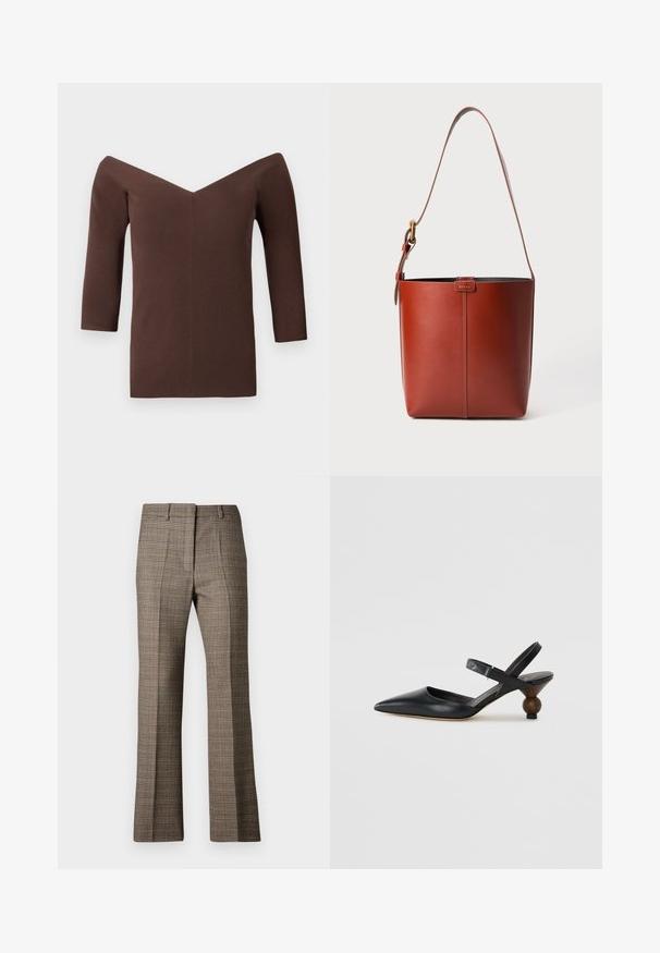 Ruda raukšlėta viršutinė su nugarą atidengiančiu kirpimu, V formos iškirpte, trijų ketvirčių rankovėmis ir prigludusia siluetu. Lygus paviršius.; Rudi dryžuoti kelniai su tiesia kojų forma, pasižymintys tekstūruota medžiaga ir subtiliomis smėlinėmis bei tamsiai rudos spalvos atspalviais rašte.; Juodos odinės slingback tipo bateliai su smailiu nosiu, išlenktu dizainu ir apvaliu medžio imitacijos kulnu. Pabrėžia siauras kulkšnies dirželis.; Rudos odos kibirėlio tipo krepšys su reguliuojamu petiniu diržu ir auksinės spalvos sagtimi, priekyje paprasti vertikalūs siūlai.