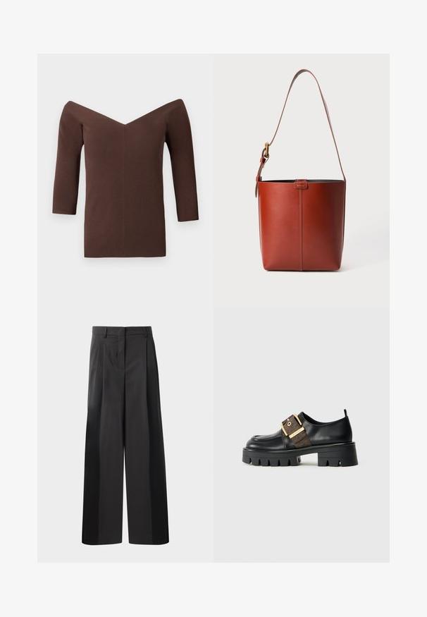 Smeđa rebrasta bluzica bez naramenica s V-izrezom, s tri četvrtine rukava i priljubljenim siluetom. Glatka textura cijelom dužinom.; Crne široke hlače s visokim strukom, s prednjim nabranim detaljima, glatkom teksturom i krojenim završetkom. Dizajnirane za opušteni kroj.; Crne kožne cipele s debelim potplatom, sa zlatnom kopčom i teksturiranim smeškim akcentom. Zaobljen prst i minimalistički dizajn.; Smeđa kožna torba u obliku kante s podesivim remenom za rame i zlatnim kopčanjem, jednostavna vertikalna šavova na prednjoj strani.