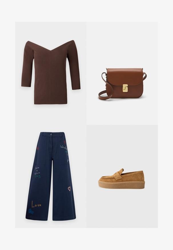 Pruun ribaga õlgadelt avatud topp V-kaelusega, millel on kolmandiku pikkused varrukad ja keha lähedane siluett. Ühtlane tekstuur kogu ulatuses.; Tumesinine laiad püksid puuvillast mitmete taskutega. Omaduseks on värviline tikandtekst ja graafika, sealhulgas südamed ja mängulised fraasid.; Pruun nubukloafer ümmarguse varbaga, ribadega platvormi tallaga ja dekoratiivse rihmaga ülevalt.; Pruunist nahast käekott, millel on klapiga sulgur, kuldne riistvara, õlarihm ja sile tekstuur. Kompaktne ristkülikukujuline vorm.