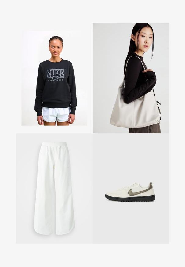 Fekete pulóver kerek nyakkivágással, nagy fehér "NIKE" logóval és alatta "SPORTSWEAR" felirattal, puha anyagból készült.; Fehér, bő szárú sportnadrág ribbelt derékpánttal és diszkrét logórésszel. Simá szövet, laza szabással és taperált szárral.; Nike Sportswear FIELD GENERAL - Sportcipő - off-white/black; Puha anyagból készült bézs kézitáska, laza dizájnnal, varrott részletekkel és két vállpánttal. Mindennapi használatra alkalmas.