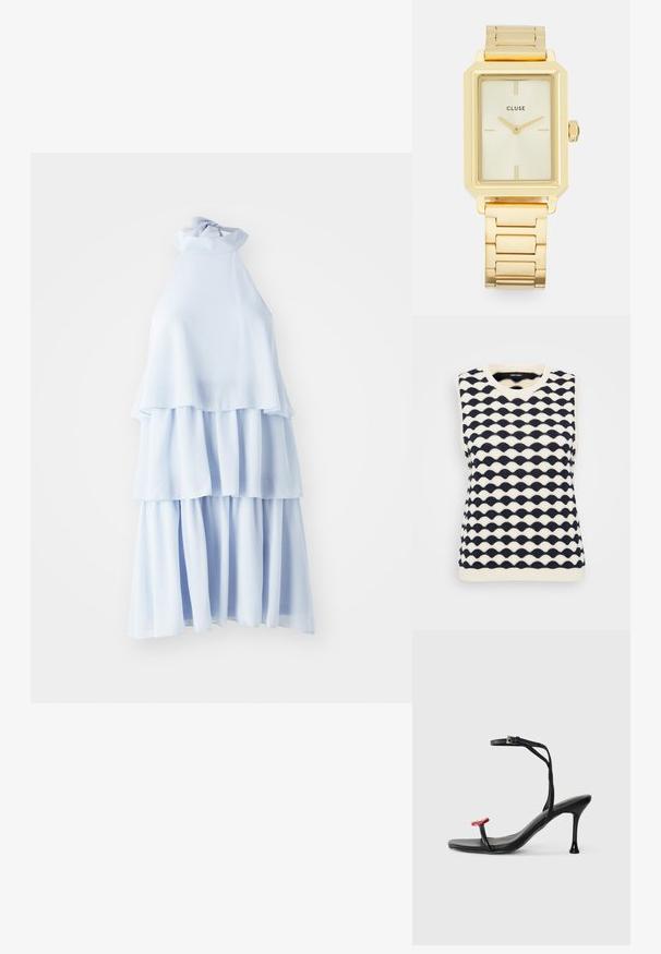 Pull en tricot sans manches bleu marine et crème avec un motif en vagues, décolleté en V et ourlet côtelé. Fabriqué à partir d'un tissu doux et texturé.; Robe halter bleu clair en tissu doux, avec trois couches superposées offrant une silhouette fluide et un détail de cou noué.; Sandale noire à talons avec une fine lanière de cheville et un accent rouge sur les orteils. Présente un design épuré et une finition brillante avec un talon aiguille.; Montre rectangulaire en or au design minimaliste, avec un cadran crème, des aiguilles dorées et un bracelet en maillons métalliques. Les marquages incluent le nom de la marque.